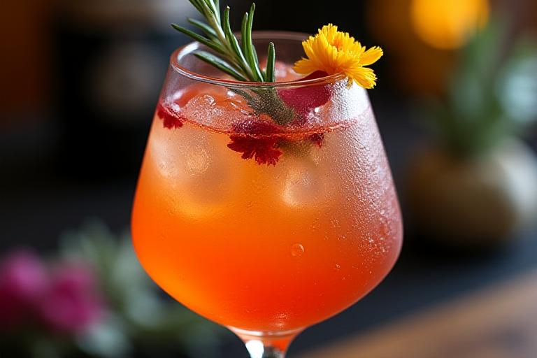 An artisanal cocktail in a unique glass, garnished with a flower and a sprig of rosemary.